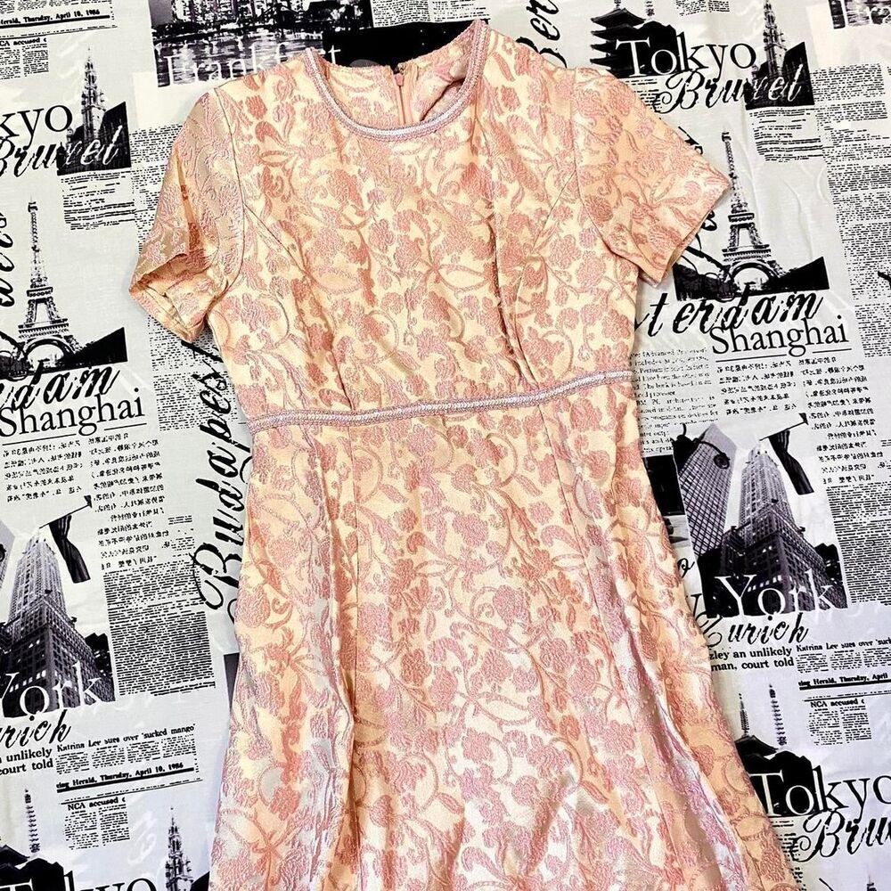 Pink cream vintage 60s party formal dress midi maxi length floral regal coquette
